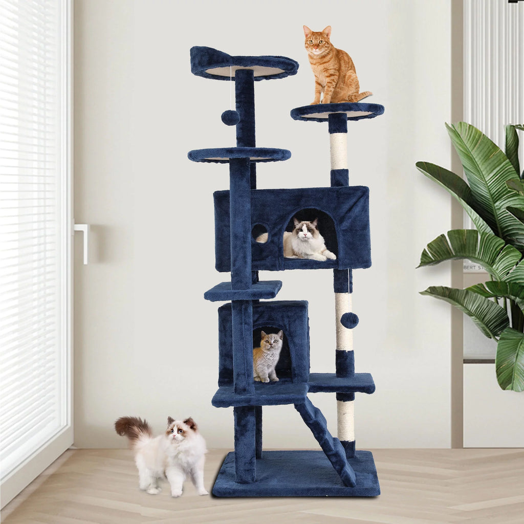 54-Inch Navy Blue Double Condo Cat Tree Tower: Ideal for Scratching, Climbing, and Resting Activities for Your Cat