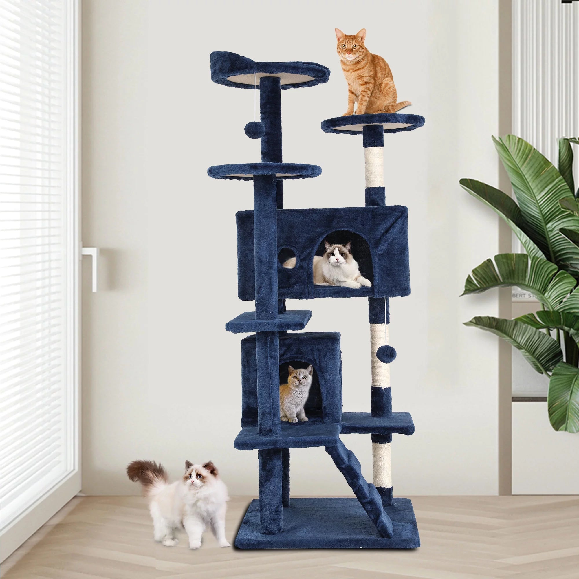 54-Inch Navy Blue Double Condo Cat Tree Tower: Ideal for Scratching, Climbing, and Resting Activities for Your Cat