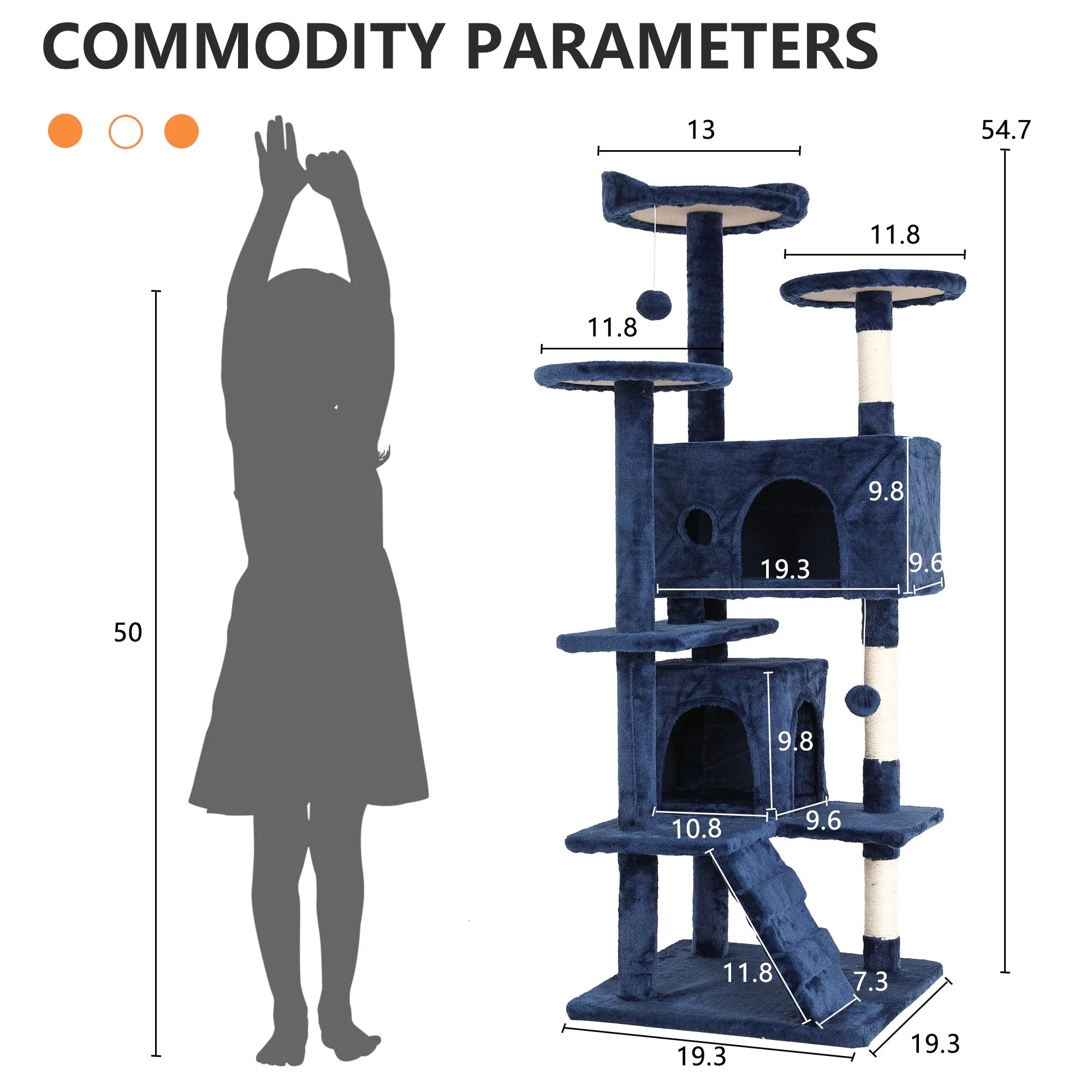 54-Inch Navy Blue Double Condo Cat Tree Tower: Ideal for Scratching, Climbing, and Resting Activities for Your Cat