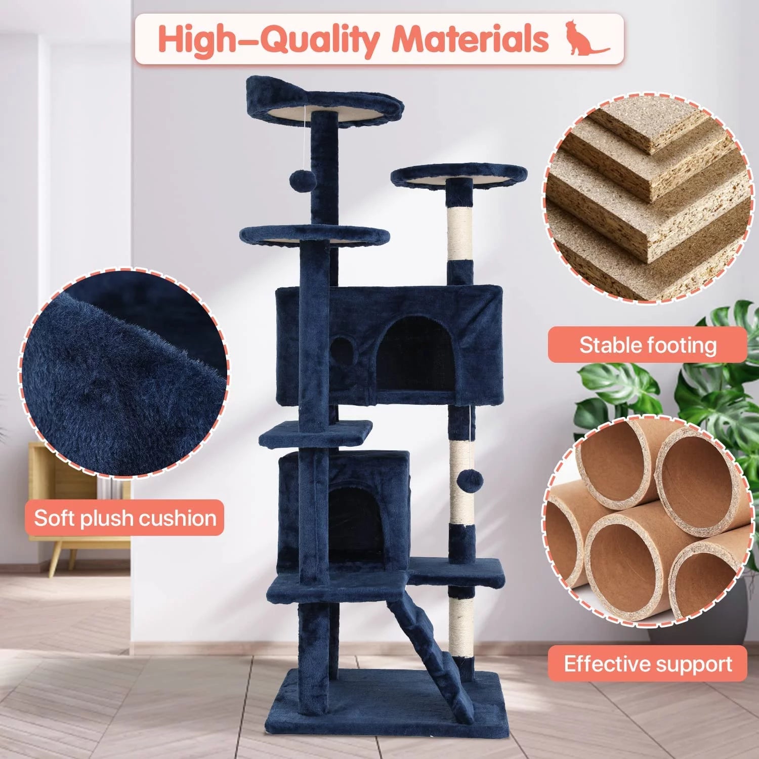 54-Inch Navy Blue Double Condo Cat Tree Tower: Ideal for Scratching, Climbing, and Resting Activities for Your Cat