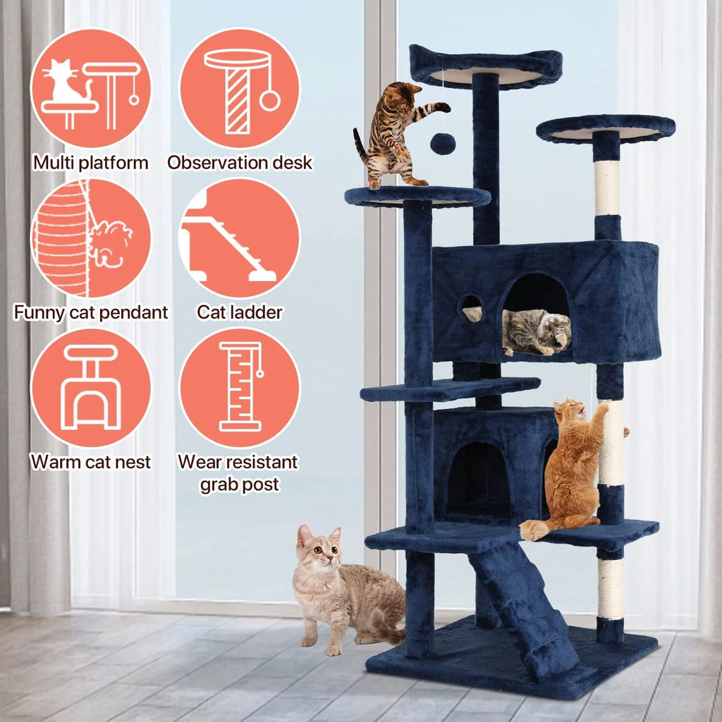 54-Inch Navy Blue Double Condo Cat Tree Tower: Ideal for Scratching, Climbing, and Resting Activities for Your Cat