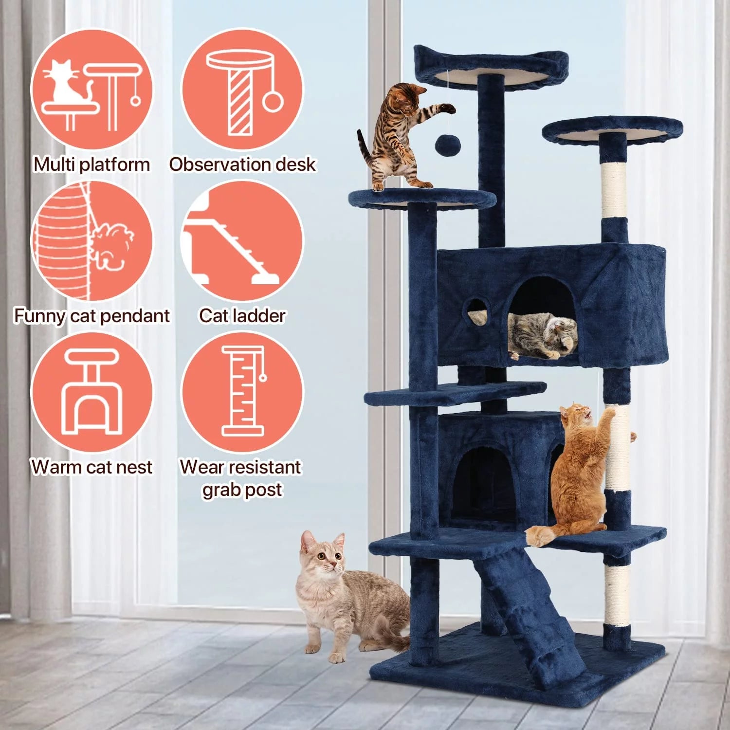 54-Inch Navy Blue Double Condo Cat Tree Tower: Ideal for Scratching, Climbing, and Resting Activities for Your Cat