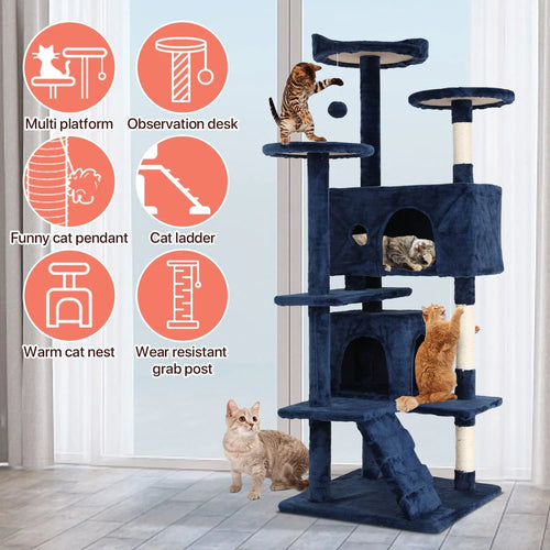 54-Inch Navy Blue Double Condo Cat Tree Tower: Ideal for Scratching, Climbing, and Resting Activities for Your Cat