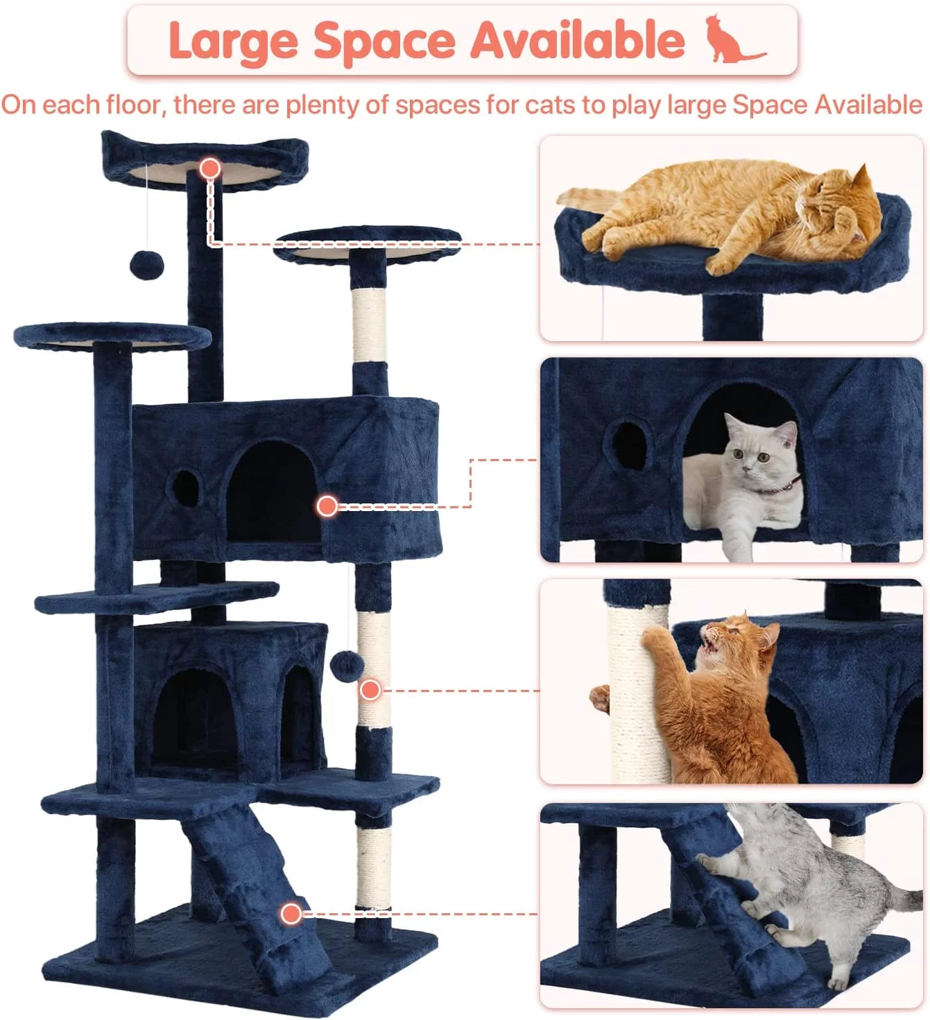 54-Inch Navy Blue Double Condo Cat Tree Tower: Ideal for Scratching, Climbing, and Resting Activities for Your Cat