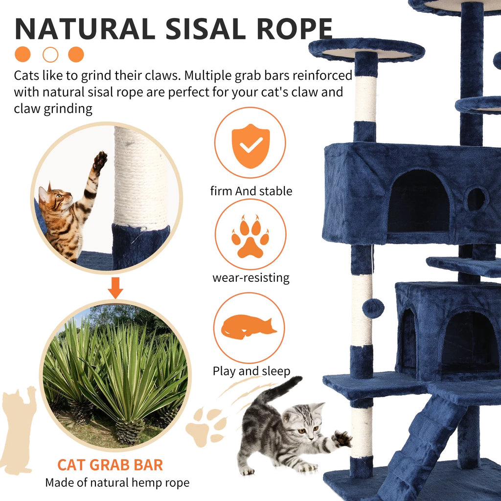 54-Inch Navy Blue Double Condo Cat Tree Tower: Ideal for Scratching, Climbing, and Resting Activities for Your Cat