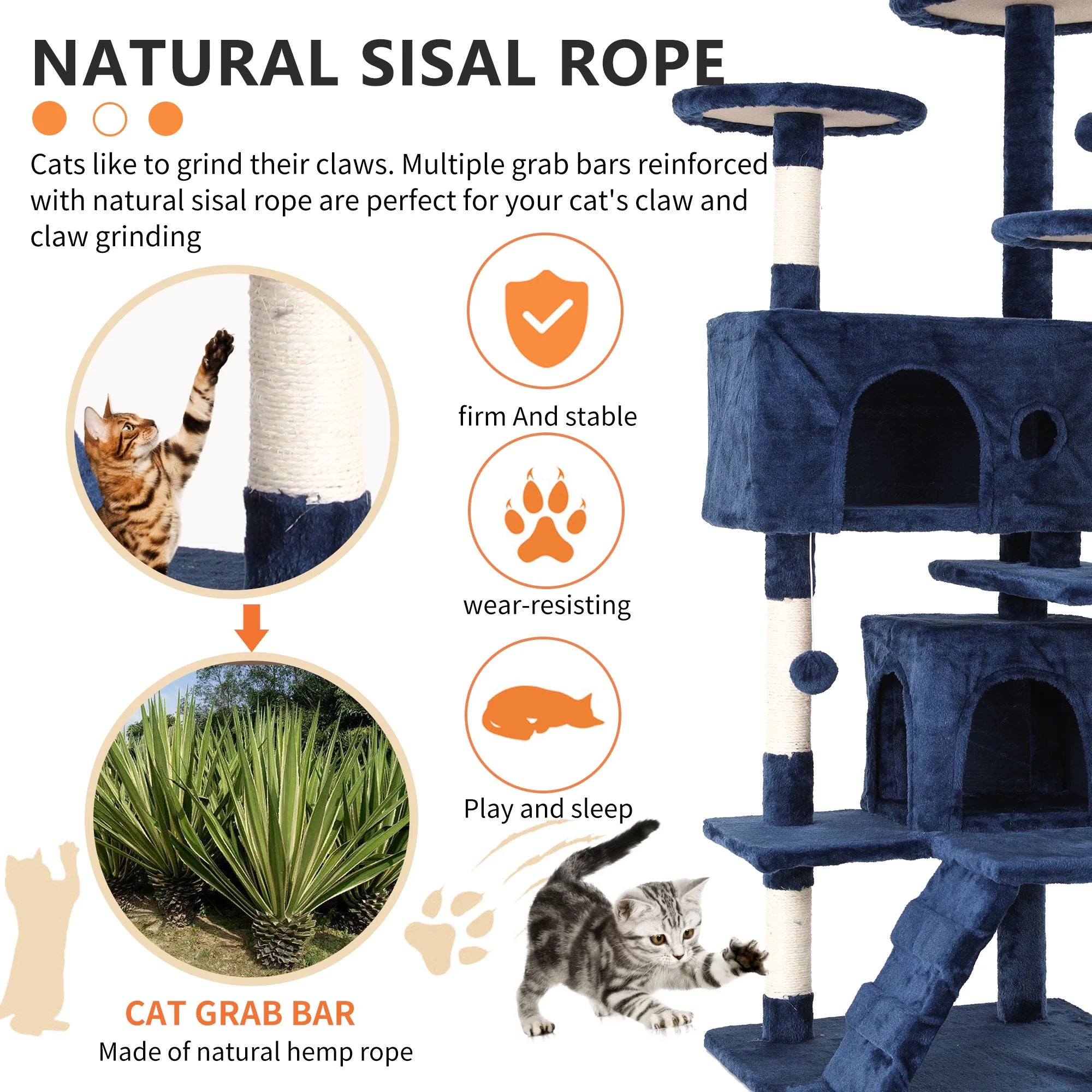 54-Inch Navy Blue Double Condo Cat Tree Tower: Ideal for Scratching, Climbing, and Resting Activities for Your Cat