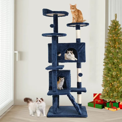 54-Inch Navy Blue Double Condo Cat Tree Tower: Ideal for Scratching, Climbing, and Resting Activities for Your Cat